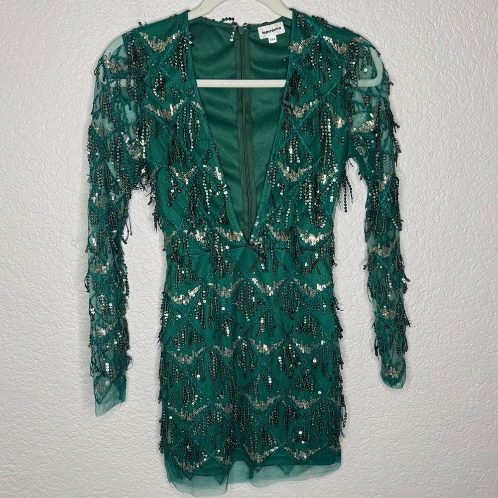 Superdown Nia Sequin Fringe Dress Dark Green Deep V Neck XXS Revolve - Picture 2 of 8